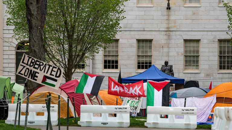 Tents and signs at the Pro-Palestinian encampment at Harvard Yard at Harvard University in Cambridge, Massachusetts, on May 5.