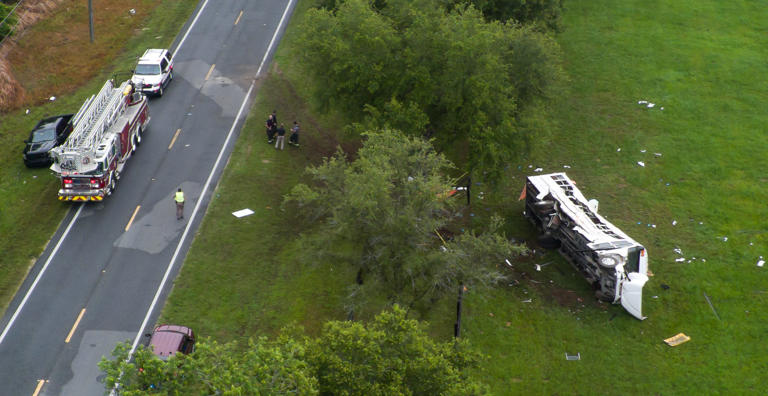 Emergency workers work the scene of a fatal bus crash carrying laborers that overturned Tuesday morning, May 14, 2024 off West State Road 40 in west Marion County, about a mile west of SW 140th Avenue. As of 8:30 a.m. Eight people had died and more than two dozen more were injured, according to the Florida Highway Patrol. Officials on scene said the laborers worked for a private company and were being taken to a watermelon farm. There is no name on the side of the bus, and the owner of the private company was aboard the vehicle and had to be transported to a hospital after the crash. No additional details were available as of 9:05 a.m. There were 53 people aboard the bus, officials said. Eight died, eight more were critically injured and the rest had minor or no injuries, but still were taken to local hospitals for evaluation.[Doug Engle/Ocala Star Banner]2024