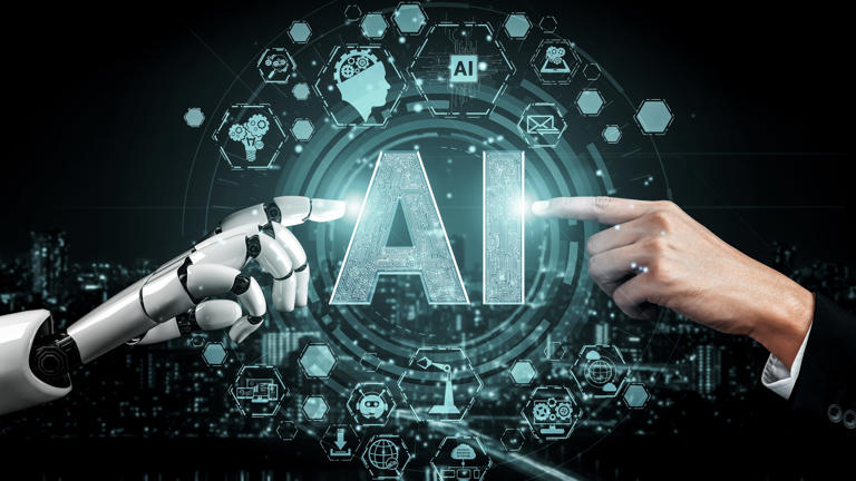 Robot hand and human hand pointing at AI