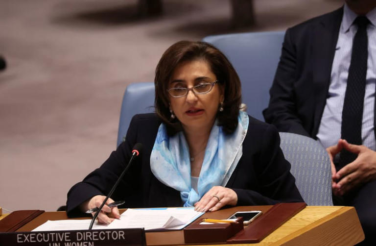  Sima Bahous, Executive Director of UN Women, speaks during the United Nations Security Council meeting on the situation amid Russia