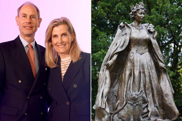 Chris Jackson/Getty; Mike Egerton/PA Images via Getty (Left) Prince Edward and Sophie, Duchess of Edinburgh; (Right) The new statue of Queen Elizabeth in Oakham, Rutland, England.