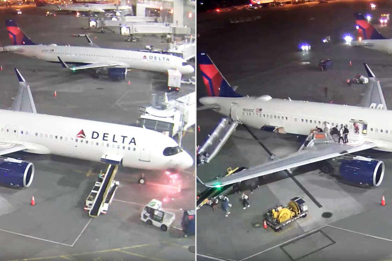 Passengers exit onto wing after Delta plane's nose bursts into flames