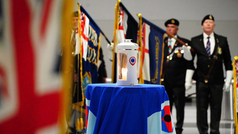 France’s Freedom Flame is displayed during a ceremony at Portsmouth International Port (Ben Birchall/PA)