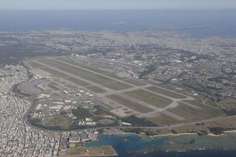 Kadena Air Base, where noise from U.S. fighter jets is intensifying, is seen in this photo taken from a Mainichi Shimbun plane on Dec. 8, 2023. (Mainichi)