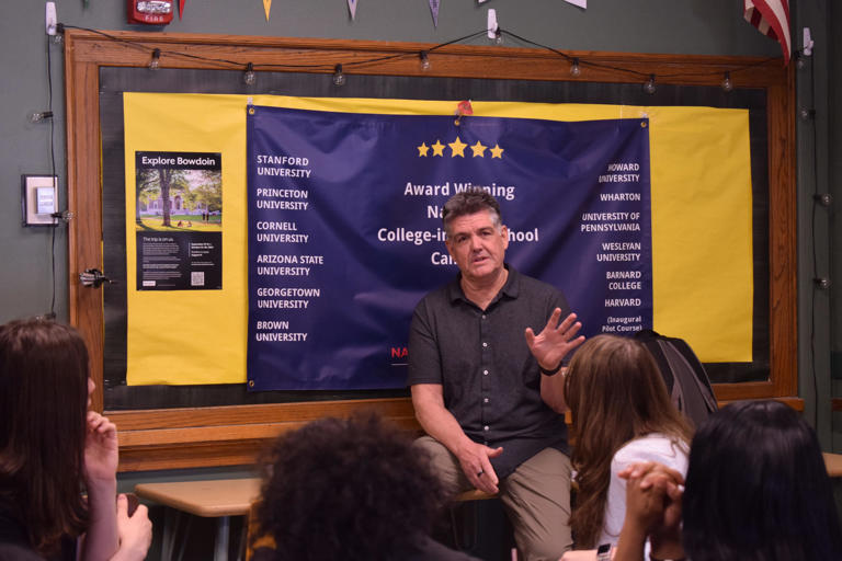 Stanford University professor Greg Watkins visited Topeka High School on Thursday to give an in-person class for his moral philosophy course.
