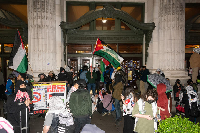 Pro-Palestinian protesters demonstrate outside the CUNY Graduate Center Library on 5th Avenue and 34th Street in Manhattan, New York City on Tuesday, May 14, 2024 after other protesters took over the building’s lobby.