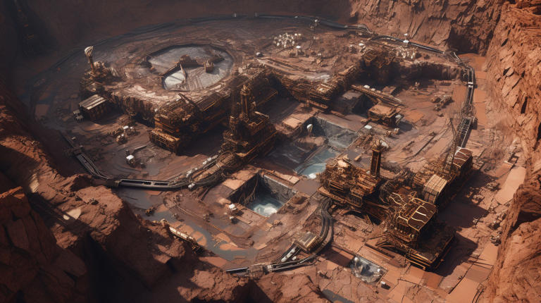 An aerial view of a copper mine, showing the intricate workings of heavy machinery.