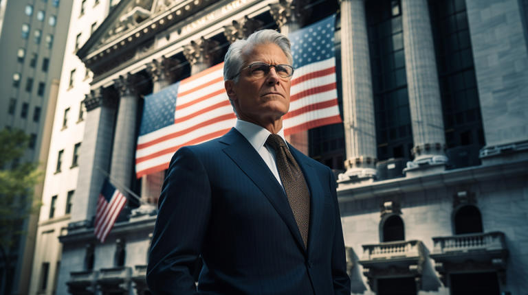 A distinguished looking executive in corporate attire standing in front of the Stock Exchange building.