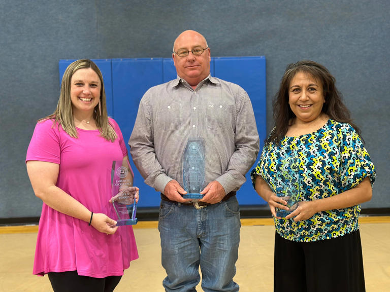 From left, Kayla Perrin, Gregg Walker and Juanita Yanez received Employee Excellence Awards at South Plains College’s annual Employee Banquet on May 9 in the P.E. Complex on the Levelland campus.