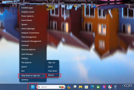 A screenshot of the Windows 11 Start button showing the menu to restart or shutdown or sleep or sign out of a PC