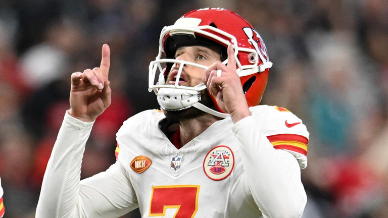 Place kicker Harrison Butker, #7 of the Kansas City Chiefs, celebrates kicking a field goal in the fourth quarter against the Las Vegas Raiders at Allegiant Stadium on Nov. 26, 2023 in Las Vegas. Getty Images