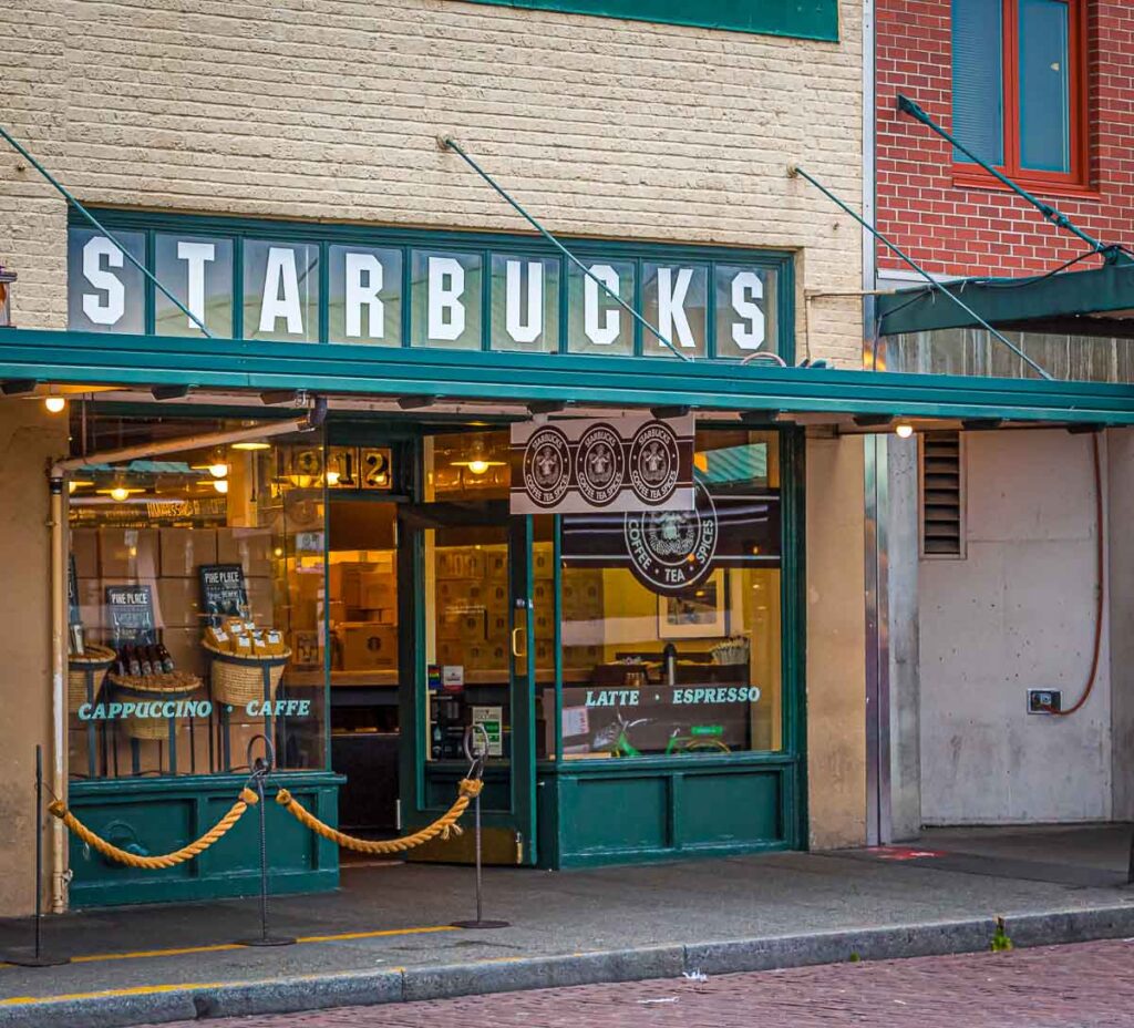 The exterior of the original Starbucks shop in downtown Seattle