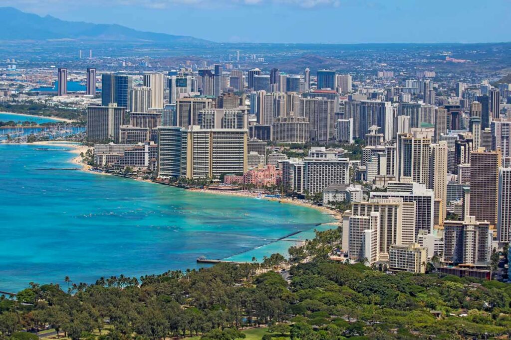 Aerial view of the skyline of Honolulu, Oahu, Hawaii, showing the downtoan and hotels around Waikiki Beach and other areas