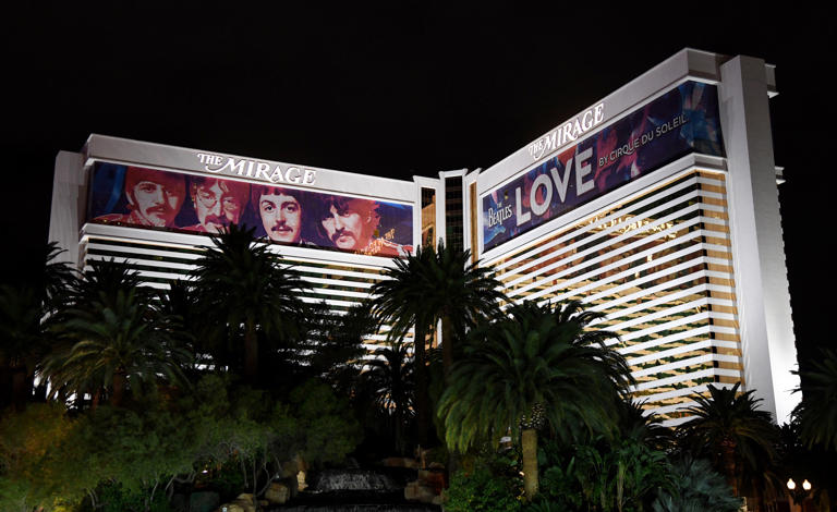 Building wraps for the “The Beatles LOVE by Cirque du Soleil” show are shown on the exterior of The Mirage Hotel & Casino as the coronavirus continues to spread across the United States on March 14, 2020, in Las Vegas, Nevada.