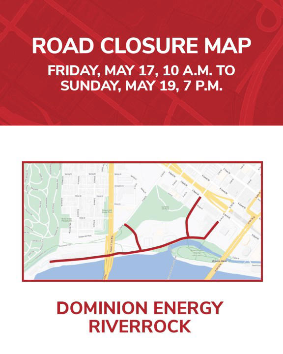 What roads will be closed for the 2024 Dominion Energy Riverrock?