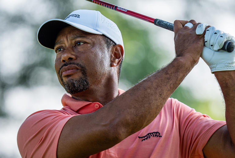 Tiger Woods hits his tee shot off the 11th hole during the first round of the 2024 PGA Championship at Valhalla Golf Club. (Photo: Sam Upshaw Jr./Louisville Courier Journal)