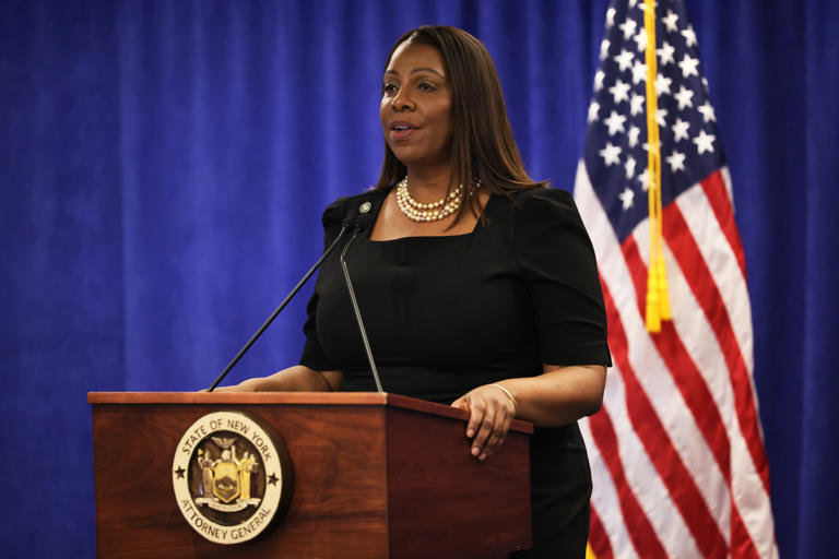 New York Attorney General Letitia James speaks during a press conference in New York City on February 16, 2024. Representative Jim Jordan requested James send him documents related to former President Donald Trump’s hush money payment.