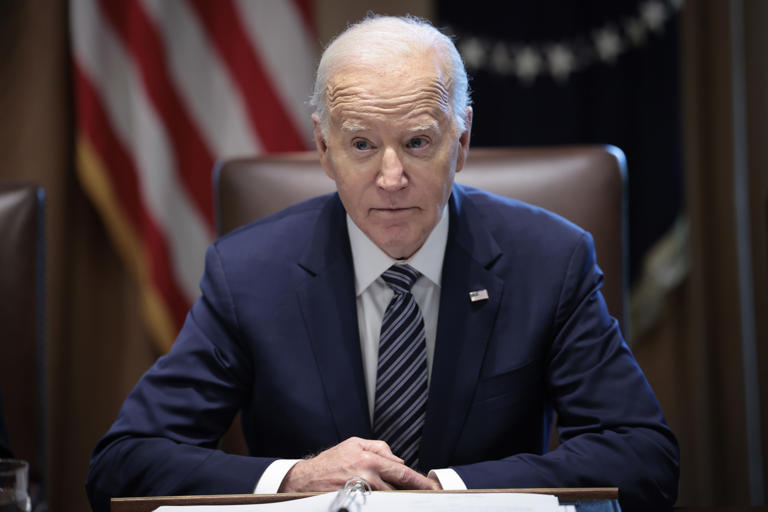 President Joe Biden delivers remarks while meeting with the Joint Chiefs and Combatant Commanders in the Cabinet Room of the White House May 15, 2024, in Washington, DC.