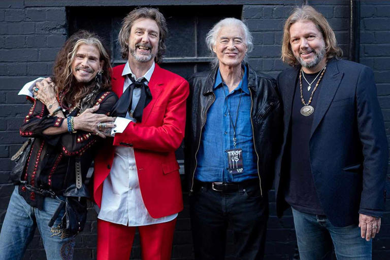 From left: Steven Tyler, Chris Robinson, Jimmy Page, and Rich Robinson at the Eventim Apollo in London on May 15, 2024