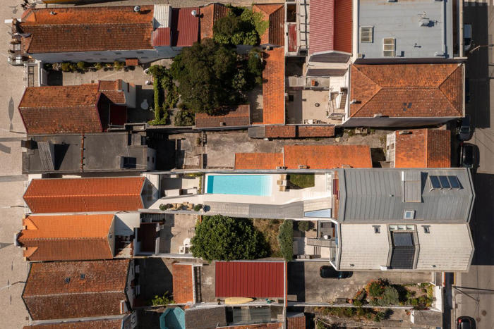 dos casas estrechas y alargadas cerca de aveiro (portugal) unidas por un precioso patio con piscina y un jardín vertical