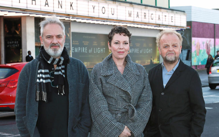 Sam Mendes, Olivia Coleman and Toby Jones at the Empire of Light premiere in Margate, 2023 - WireImage