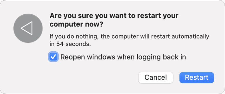 Ensure your Mac will reopen your apps after restart by checking that box.