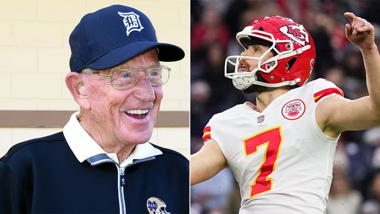 Lou Holtz, left, praised Harrison Butker for his commencement speech earlier this week. Getty Images
