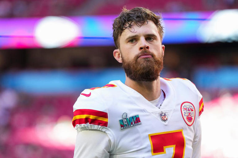 Harrison Butker of the Kansas City Chiefs warms up before the Super Bowl LVII game against the Philadelphia Eagles on February 12, 2023 in Glendale, Arizona. The kicker's commencement speech has sparked controversy online.