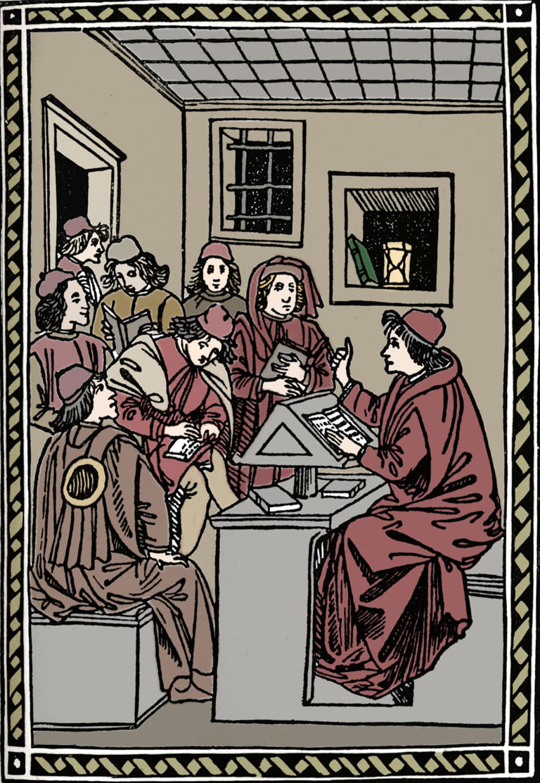 A 1492 woodcut from Florence, depicting a master teaching his students.