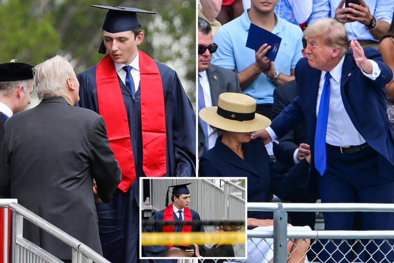 Towering Barron Trump walks tall at high school graduation as proud parents Donald and Melania look on