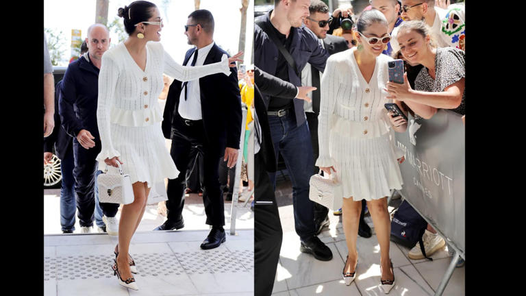 Selena Gomez arrives at the 2024 Cannes Film Festival in all white Self-Portrait mini dress