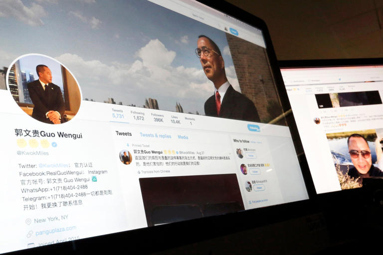 Guo Wengui's Twitter page is seen on a computer screen in Beijing in August 2017. Photo: AP