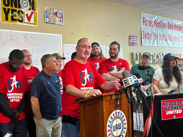 UAW President Shawn Fain speaks after workers at a Mercedes plant in Alabama rejected joining the United Auto Workers (UAW) union outside Vance, Alabama, U.S., May 17, 2024. 