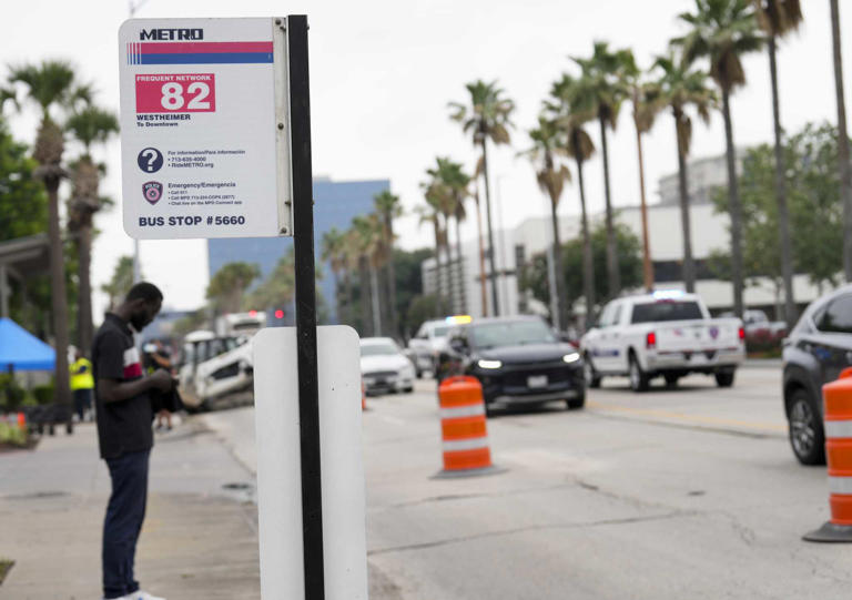 A Route 82 bus sign is photographed at 3800 block of Westheimer Road Tuesday, May 7, 2024 in Houston.