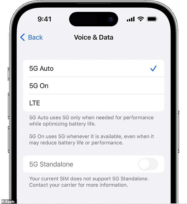 iPhone owners who have this technology will see 5G in the selections made on Voice & Data and Data Mode. This customization can help an iPhone owner extend its battery life