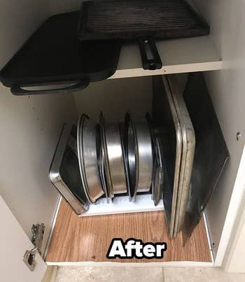 a reviewer photo of the same cabinet organized with the rack and text reading