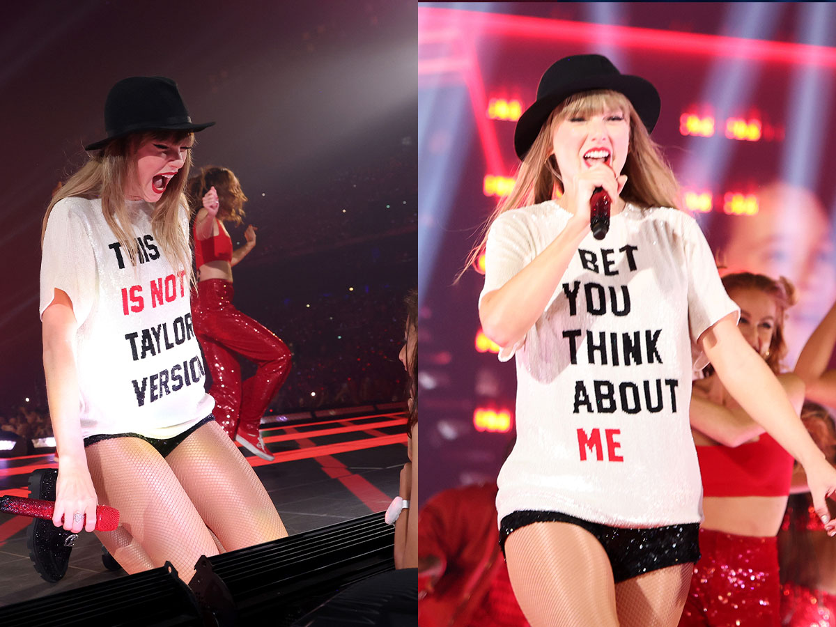 <p>Perhaps the most fun addition to her new outfits are the alternative Red-era shirts that harken back to the "22" music video. </p> <p>These shirts are fun for fans to decode. One references her vault track "I Bet You Think About Me," while the other is clearly a tongue-in-cheek reference to a viral video, "This is Not Taylor's Version."</p>