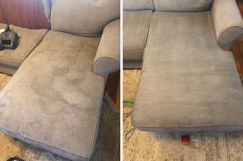 before and after pic of pee stained couch freshly cleaned