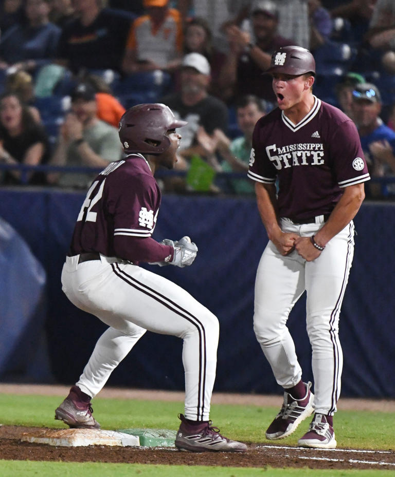May 24 2024; Hoover, AL, USA; Mississippi State batter Dakota Jordan celebrates after driving in a pair of runs against Tennessee at the Hoover Met during the SEC Tournament.