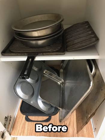a reviewer photo of a cabinet filled with piles of baking sheets and tins and text reading