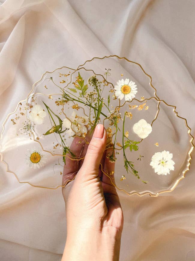 Set of transparent coasters with uneven edged gold rim and white pressed flowers inside