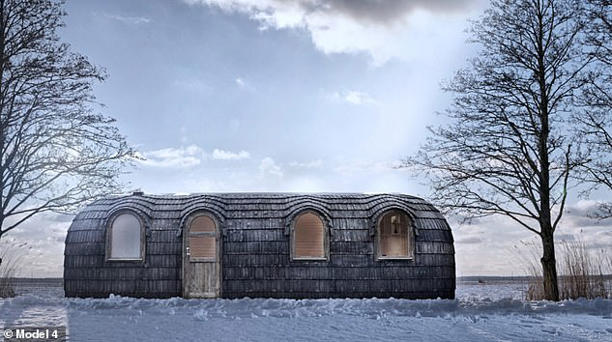 The chic cabins (pictured), made in Estonia and costing £40,000 each, have three outside windows, a small door and are clad in spruce shingles and plywood battens
