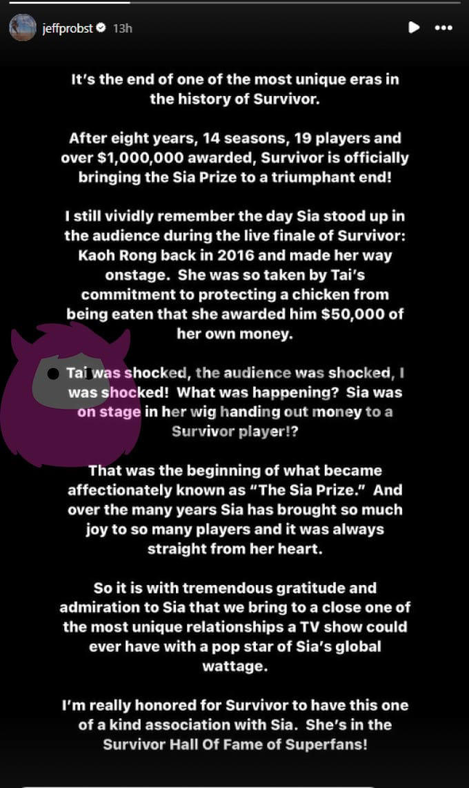 Sia Prize ends at Survivor, Jeff Probst releases statement