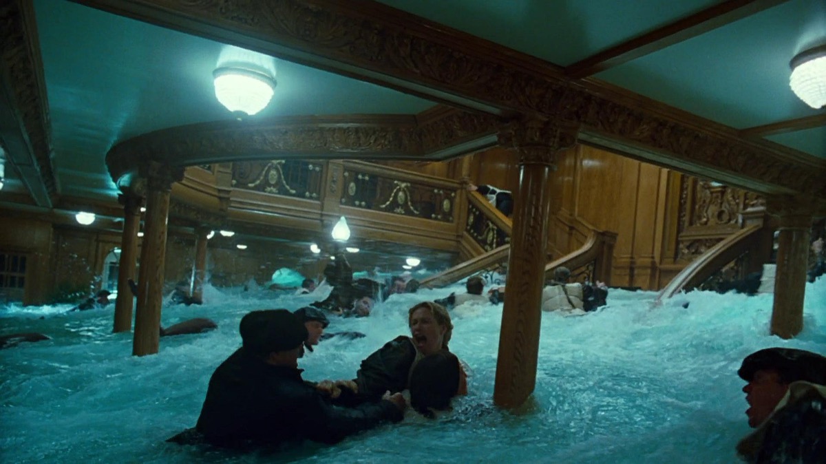 <p>When it came time to shoot the scene where the water bursts in and floods the <em>Titanic</em>'s Grand Staircase, Cameron and Co. <a rel="noopener noreferrer external nofollow" href="http://www.cinemablography.org/blog/behind-the-scenes-production-design-and-the-grand-staircase-in-titanic">only had one chance</a> to capture it all. Dumping 90,000 gallons of water onto the ornate, elaborate set would destroy it. In fact, it's possible that the filmmaker might have helped solve an actual mystery about the real ship's staircase.</p><p>The staircase is missing from the wreck, and <a rel="noopener noreferrer external nofollow" href="https://www.goodreads.com/book/show/1408587.James_Cameron_s_Titanic">Cameron noted in a book</a> about the making of the film that the fake staircase broke free and floated up the surface when the scene was filmed. It's possible the same happened to the real ship's staircase and that it further broke apart as it ascended.</p>