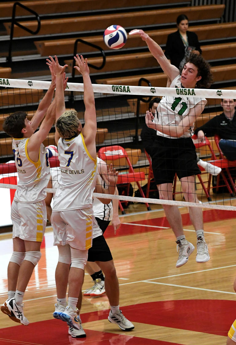 Jay Clifton scores at the net for McNicholas as the Rockets punch their ticket to the state championship match at the OHSAA Division II boys volleyball state tournament, Wittenberg University, May 25, 2024.