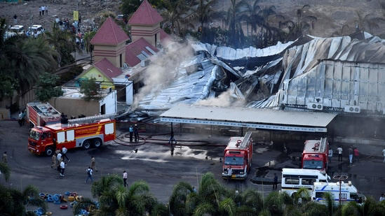 A view shows the burned TRP Game Zone in Rajkot after a fire broke out on Saturday.