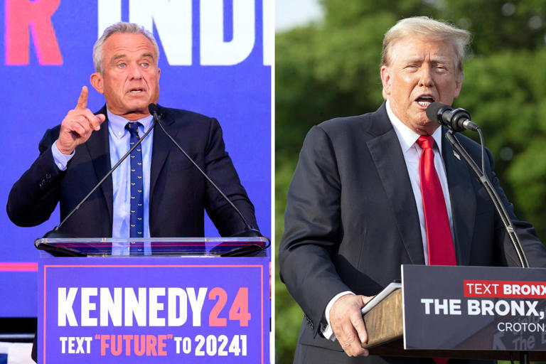At left, independent presidential candidate Robert F. Kennedy Jr. speaks during a campaign event to announce his pick for a running mate at the Henry J. Kaiser Event Center in Oakland, California, on March 26, 2024. At right, former President Donald Trump speaks at a campaign event at Crotona Park in the South Bronx on Thursday, May 23, 2024 in New York City.