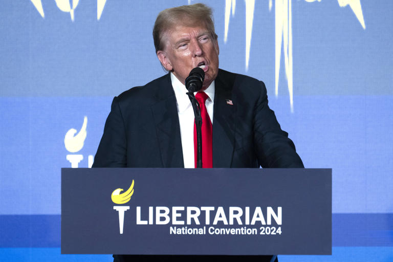 Former US President and Republican presidential candidate Donald Trump addresses the Libertarian National Convention in Washington, DC, May 25, 2024.