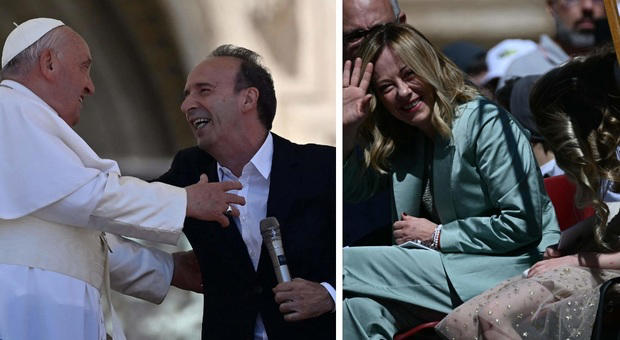 Roberto Benigni show dal Papa: «Alle prossime elezioni ci andiamo insieme». Per la Giornata dei bambini Meloni con la figlia