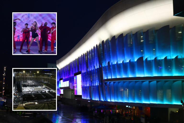 A picture of Paris La Défense Arena from the outside, and two inset images, from top right: Taylor Swift performs at Paris La Défense Arena as part of her worldwide Era's Tour, the arena works hard to change the space.
